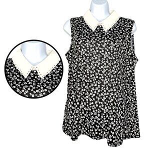 AUW Black Floral Sleeveless Top, Jeweled White Collar SZ: L
